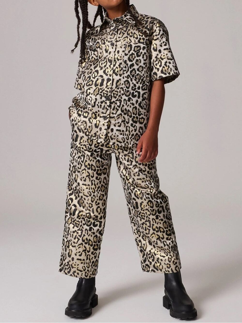 NWT All Saints Kids' Leopard Print Button-Up Shirt & Wide Leg Pants Set 11/12